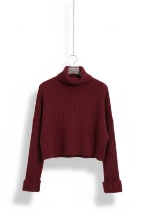 “Martha” Cropped Rib Turtleneck Sweater - Burgundy