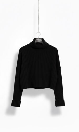 “Martha” Cropped Rib Turtleneck Sweater - Black