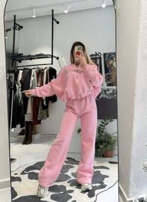 Cloud Set - Oversized Zip-Up & Wide-Leg Pants • Baby pink