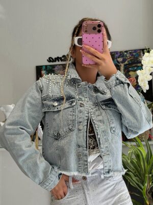 “Bonita” | Cropped Denim Jacket With Pearls & Studs