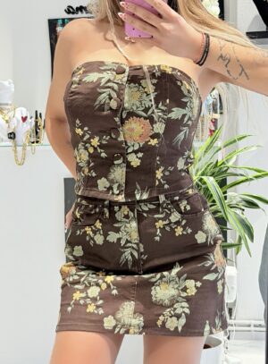 “Camelia” | Brown Floral Denim Set