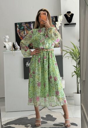 “Petal” | Green Floral Midi Dress With Belt