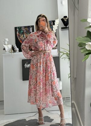 “Petal” | Pink Floral Midi Dress With Belt