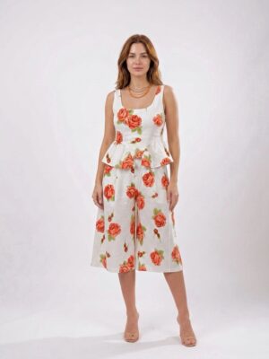 “Spring Reverie” | Coral Red Floral Denim Set