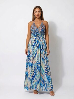 “Kavya” | Blue Boho-Chic Halter-Neck Maxi Dress