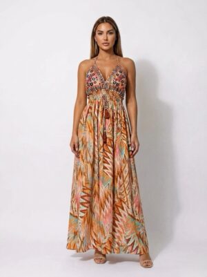 “Kavya” | Orange Boho-Chic Halter-Neck Maxi Dress