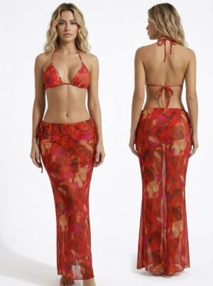 “Aquarelle” | Coral Red Bikini 3-Piece Set