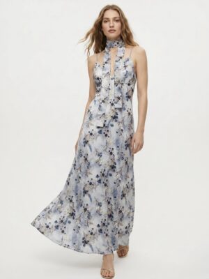 “Yoko” | Blue Floral Satin Dress