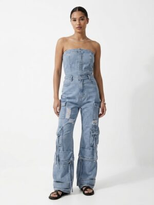 “Caroline” | Strapless Denim Cargo Jumpsuit