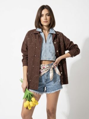 “Sila” | Brown Rhinestone Denim Shirt-Jacket