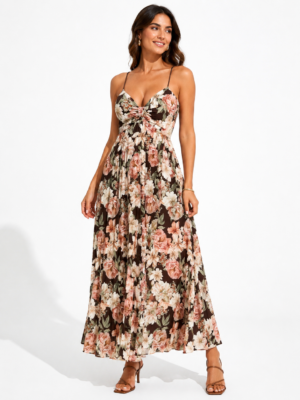“Charlize” | Brown Floral Pleated Dress