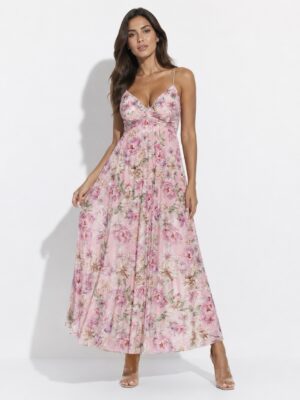 “Charlize” | Pink Floral Pleated Dress