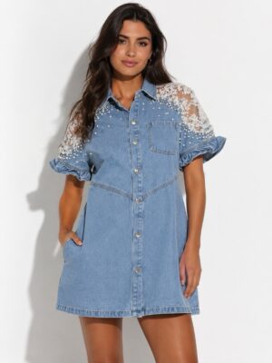 “Clara” | Denim Lace & Pearls Mini Dress