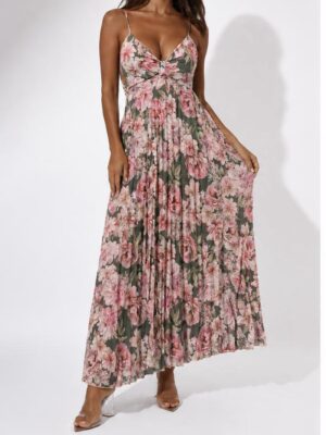 “Charlize” | Olive Green Floral Pleated Dress