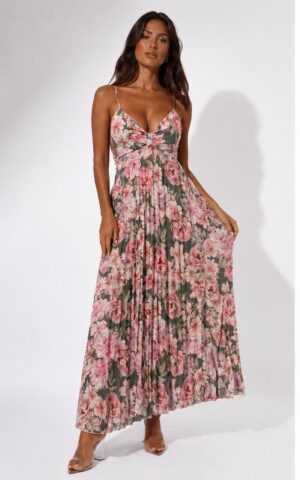 “Charlize” | Olive Green Floral Pleated Dress
