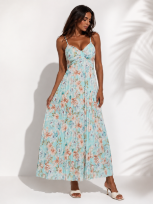 “Charlize” | Turquoise Floral Pleated Dress