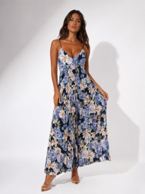 “Charlize” | Blue Floral Pleated Dress