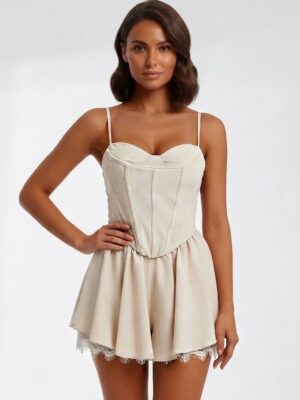 “Chiara” | Beige Skort Romper With Lace