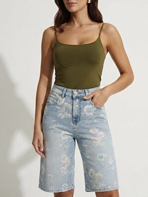 “Florelle” | Floral Denim Long Shorts