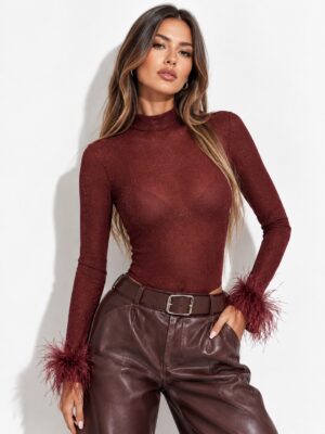 “Katy” | Burgundy Lurex Feather Cuff Bodysuit