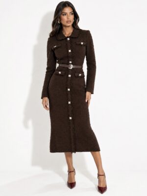 “Jackie” | Brown Tweed Midi Dress With Belt