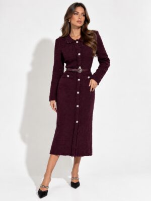“Jackie” | Aubergine Tweed Midi Dress With Belt