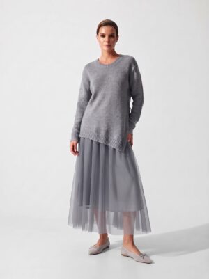 “Amelie” | Grey Layered Tulle Dress & Assymetric Knit Set